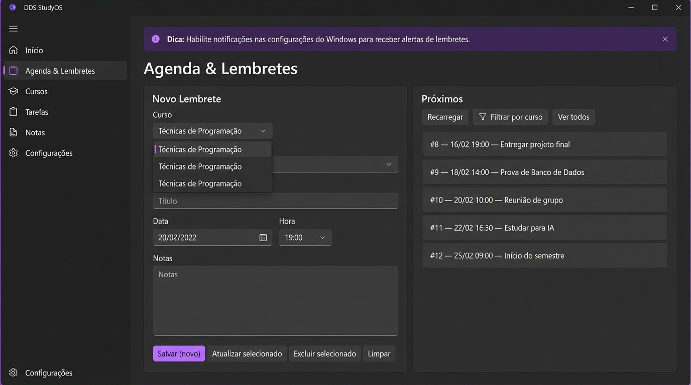 Tela interna de agenda e lembretes do DDS StudyOS