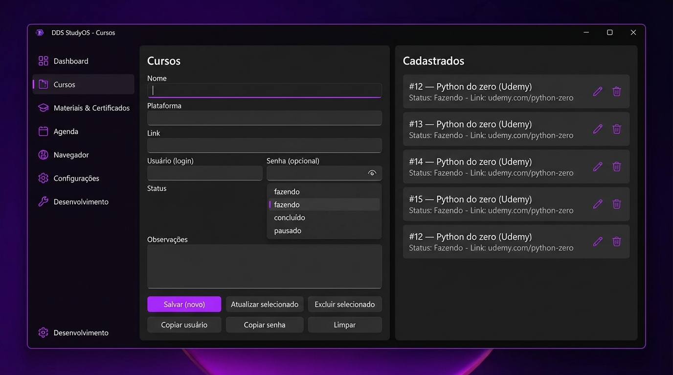 Tela interna de cursos do DDS StudyOS
